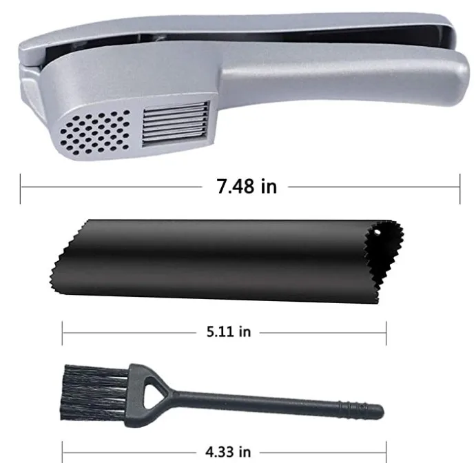 Garlic Press,2 in 1 Garlic Mince and Garlic Slice with Garlic Cleaner Brush and Silicone Tube Peeler Set.Easy Squeeze,Rust Proof