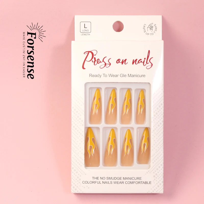 wholesale extra long almond nail tips press on false fingernail pointed stiletto fake nail flame presson stick on nail with glue