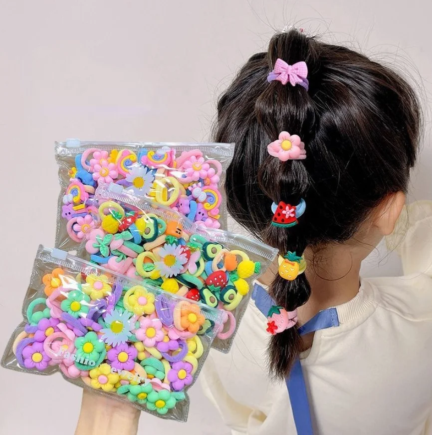 Wholesale 20Pcs/Bag Children Candy Color Elastic Rubber Bands Girls Colorful Small Fruit Towel Hair Ties Kids Flower Hair Rope
