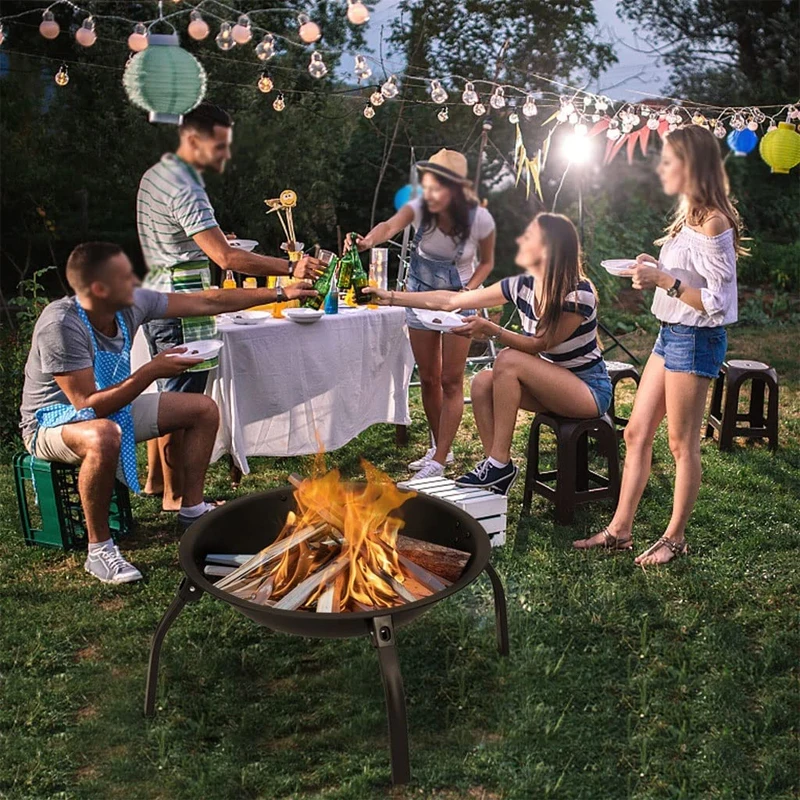 Customized OEM/ODM 48cm wood burning firepit with BBQ grill outdoor fireplace steel fire pit bowl round wood-burning pit