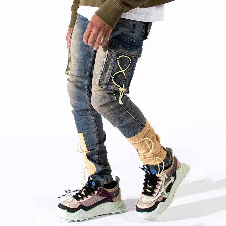 2021 Hot Selling Custom Men Skinny Cargo Jeans Gold Colorblock Zipper Denim Jeans