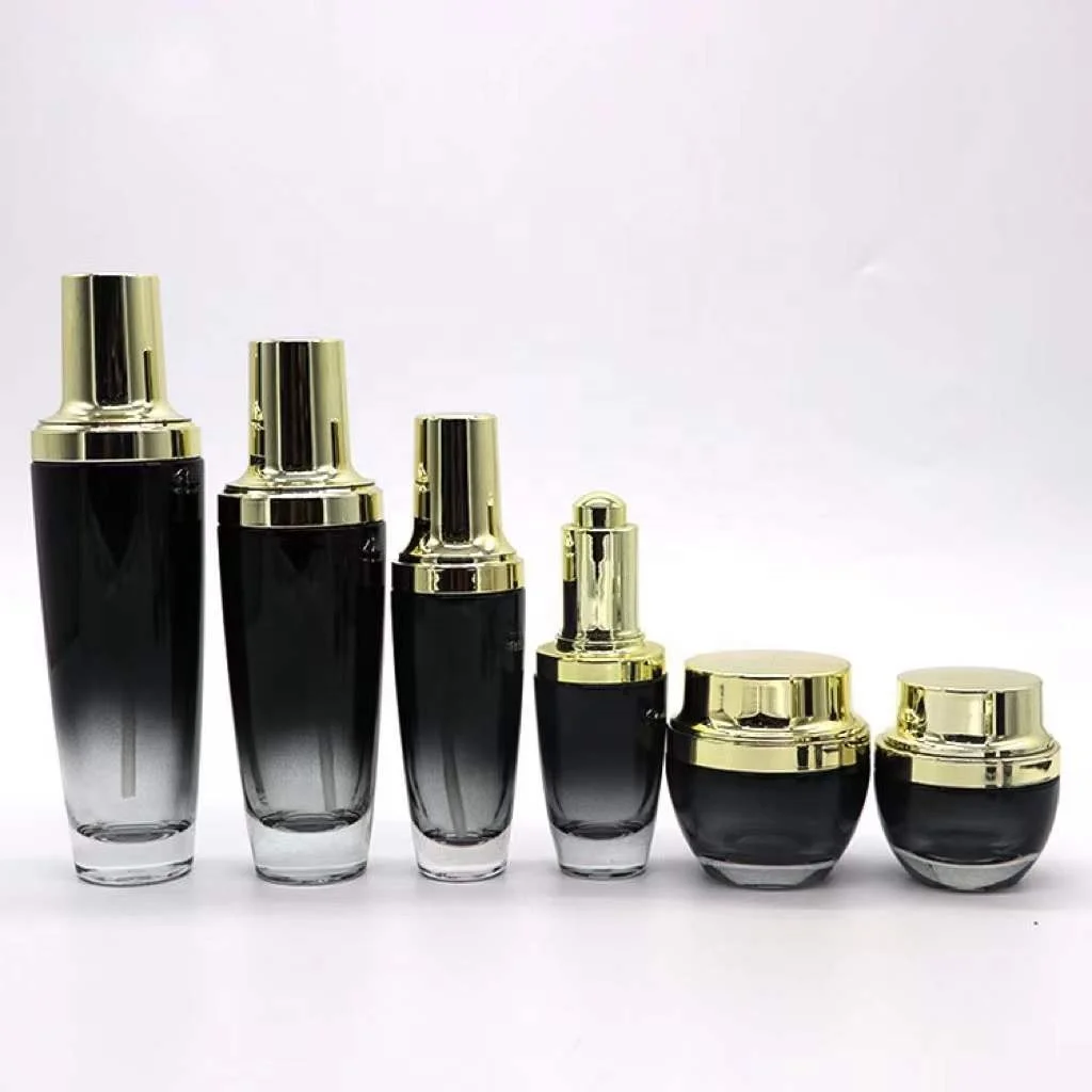 Essential Oil Essence 15 20 30 50ml Cosmetic Glass Bottle Black Gold Emulsion with Silver New Amber Emulsion Pump Dropper Small