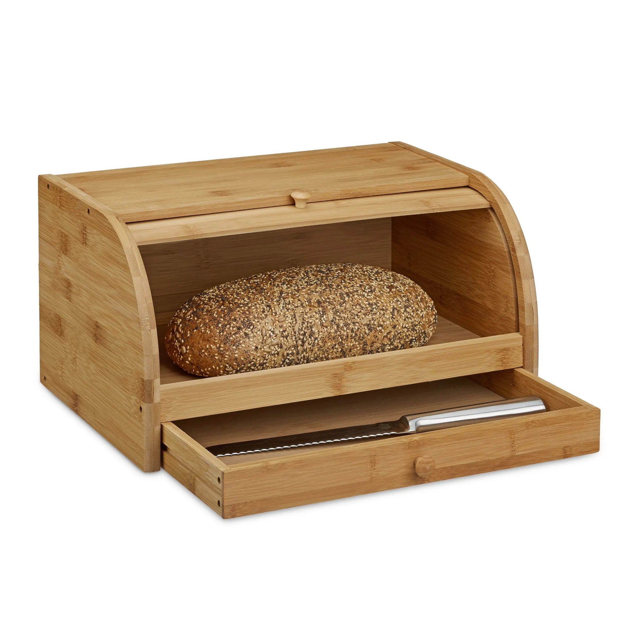 Factory Wholesale Food Grade Bamboo Two Layers Bread Storage Box with Drawer for Bread Knife or Rolling Pin