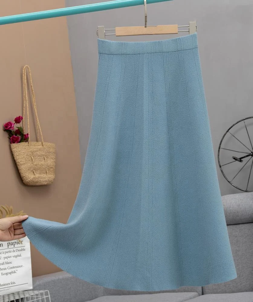 B51337A Korean style autumn winter ladies high waist elegant A-line knitted skirt