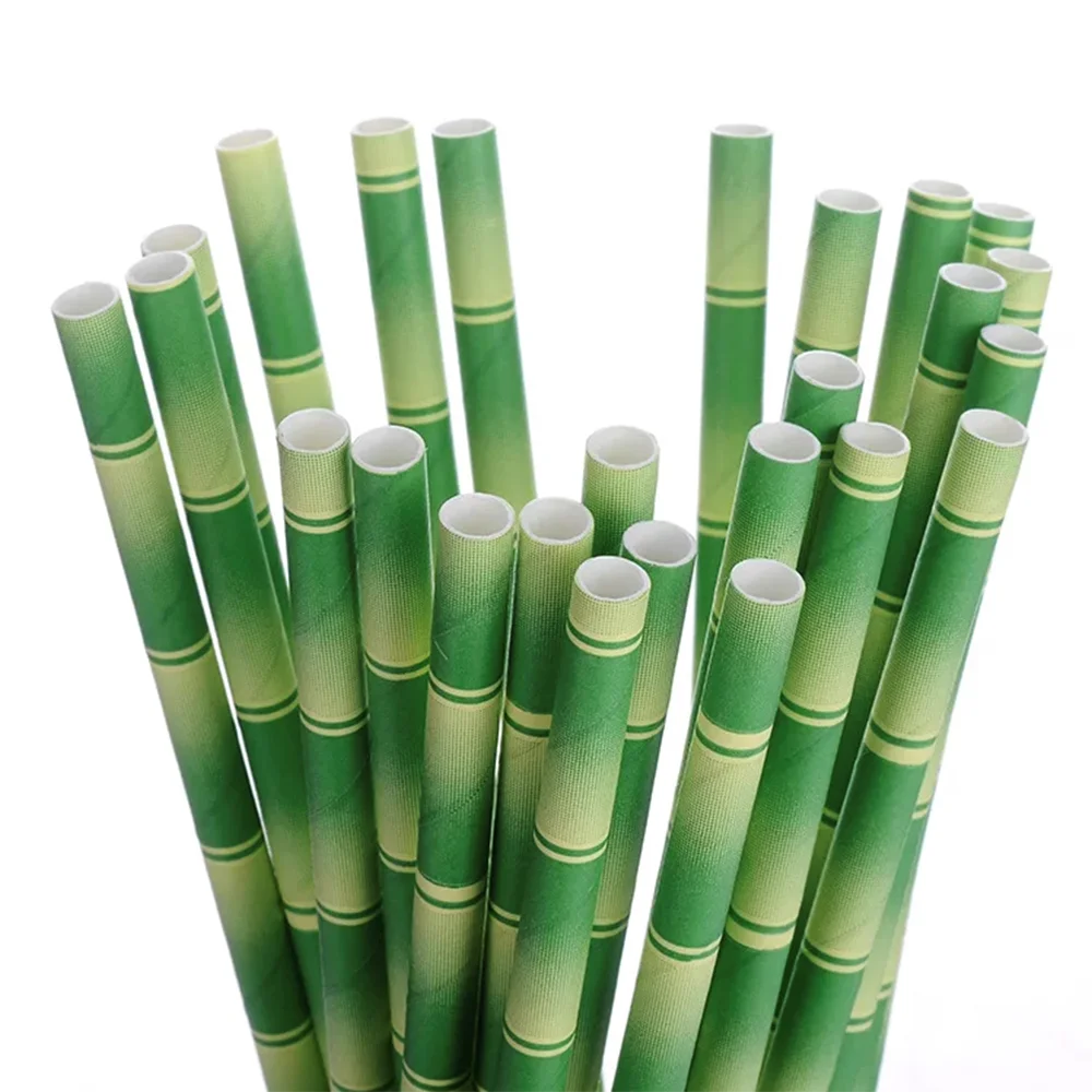 
Biodegradable Paper Straws Green Tan Bamboo Printed Paper Drinking Straws for Juices Shakes Party Supplies 