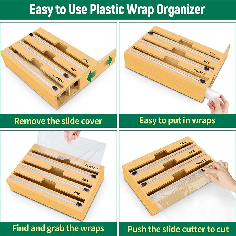 Plastic Wrap Storage Organizer 3 In 1 Bamboo Wood Plastic Wrap Dispenser With Slide Cutter
