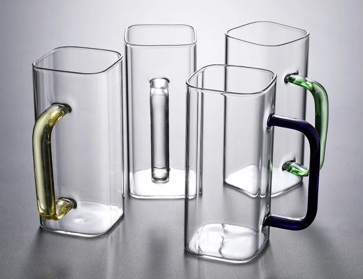 hot high borosilicate glass cup with colourful handle for milk juice water beer