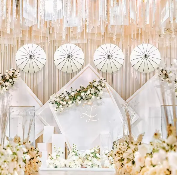 New Design Custom Logo Wedding Straight Umbrella Pagoda Parasol 16 Ribs With Hook Handle Wedding Women Girls White Umbrella