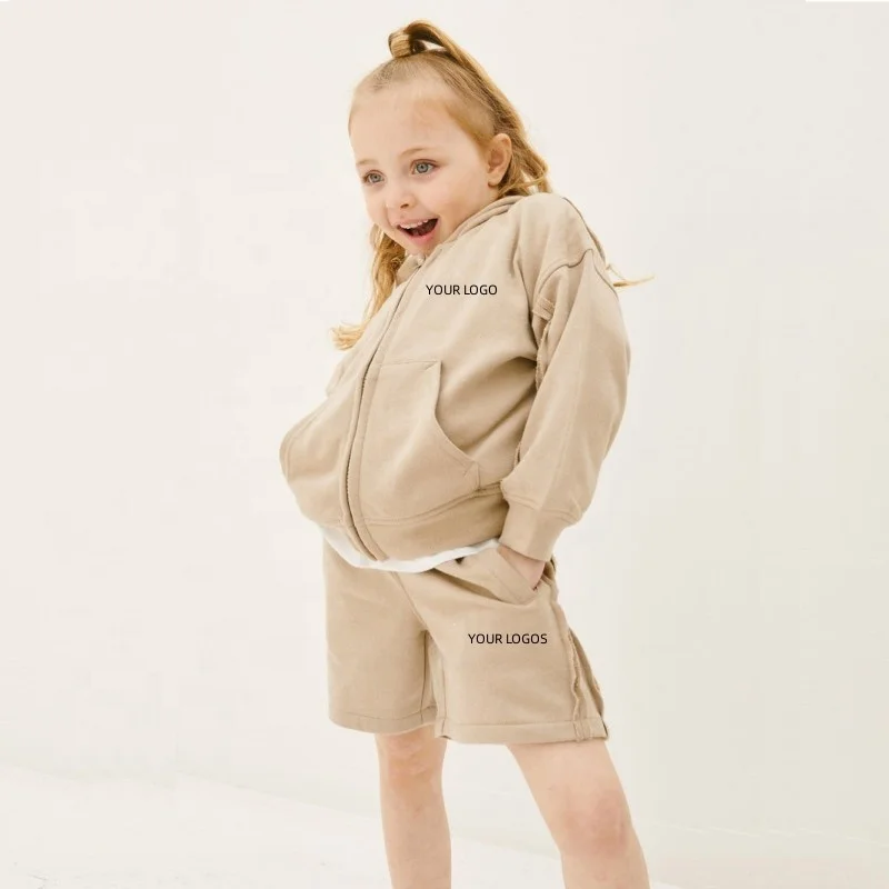 Custom Logo French Terry Street Wear Unisex Baby Sweatsuit Hoodie Shorts set Children Kids Tracksuit