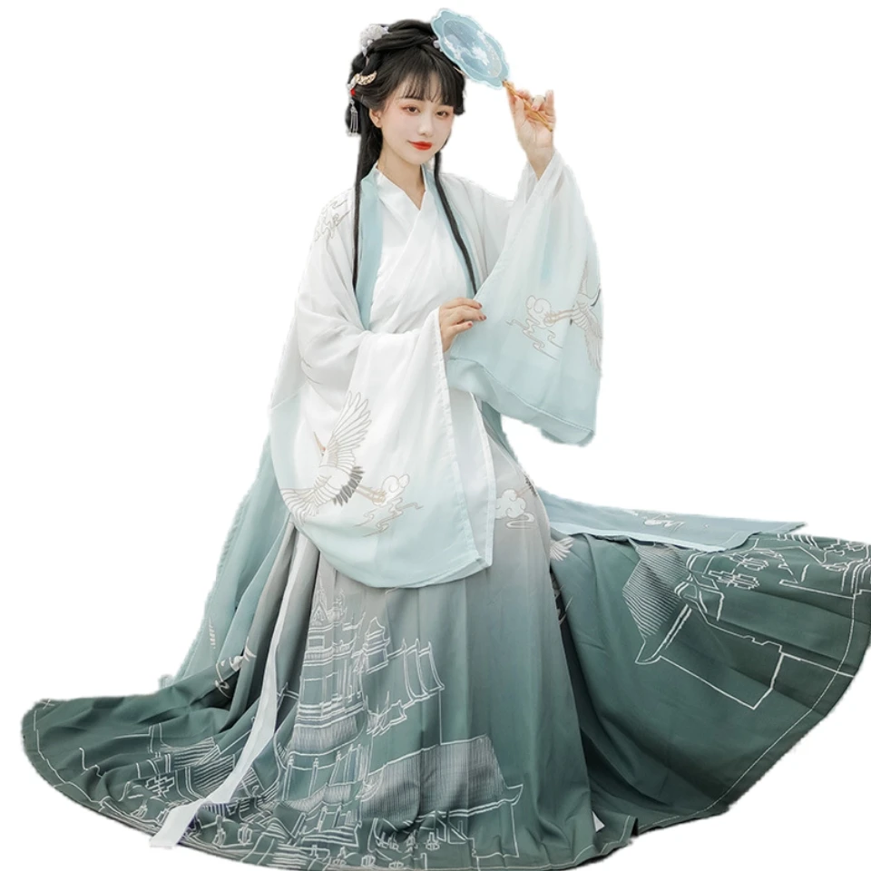 Wholesale Dark Green Women Spring Summer Chinese Jin Style Fairy Aura Original Cross Necked Hanfu Dress With Large Sleeves