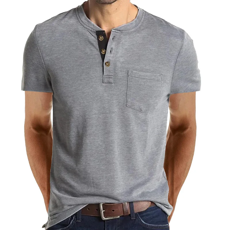 Fashion Design Slim Fit Solid T-shirts Male Summer men button Solid t shirts with pocket
