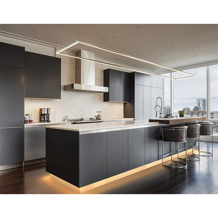 HANSE factory customized cabinets design apartment modern black lacquer finish rta wood kitchen cabinet set