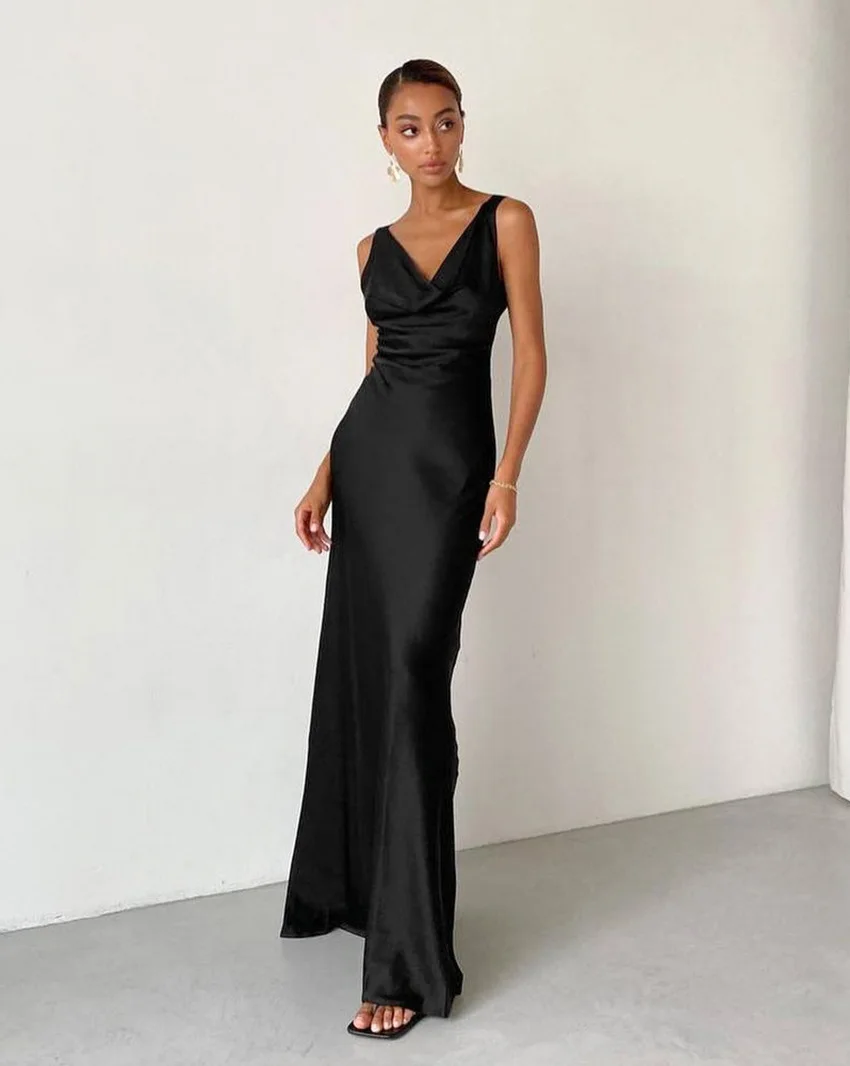 Customized Summer New Tank Top Dress Ice Silk Satin Small Black Dress Sexy Backless Long Dress