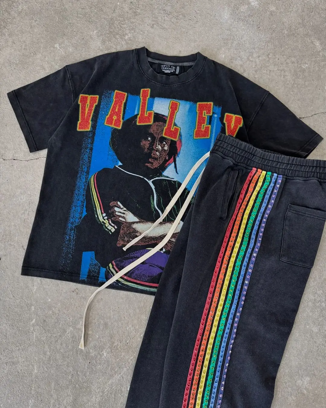 custom oversized vintage terry cotton sweat pants Drawstring wide leg sun faded acid wash rhinestones sweatpants of men