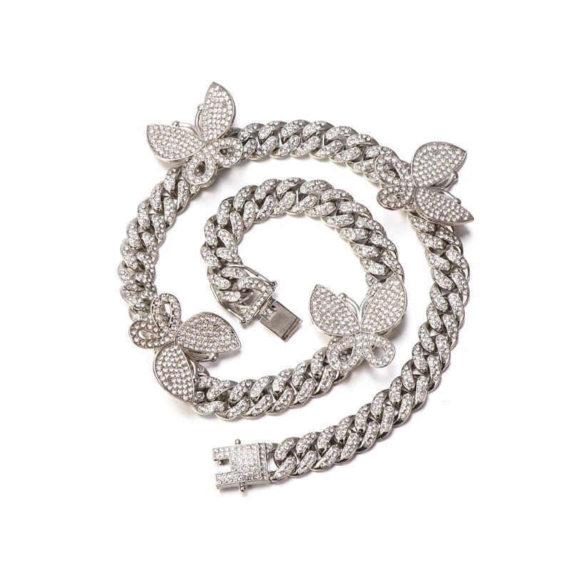 Luxury Personalized Hot Selling Hips Hops 12mm Bling Bling Rhinestone Crystal Rose Gold Butterfly Cuban Chain Choker Necklace