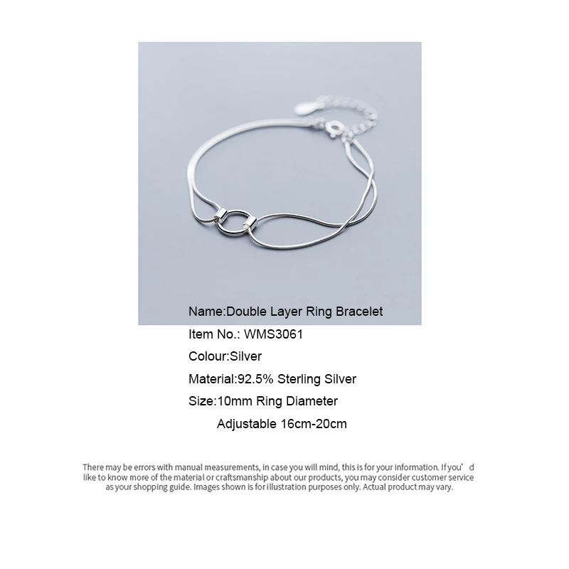 Interlocking Silver Circle Bracelet 925 Sterling Silver Bracelet For Women Geometric Round Double Snake Chain Summer Accessories