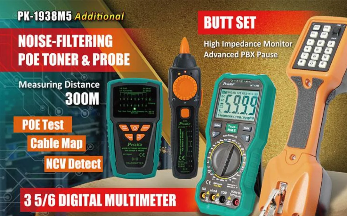 PK-1938M4 Professional Telecommunications and Network Kit with MT-7063 MT-8001 for Enterprise Network Installation Maintenance