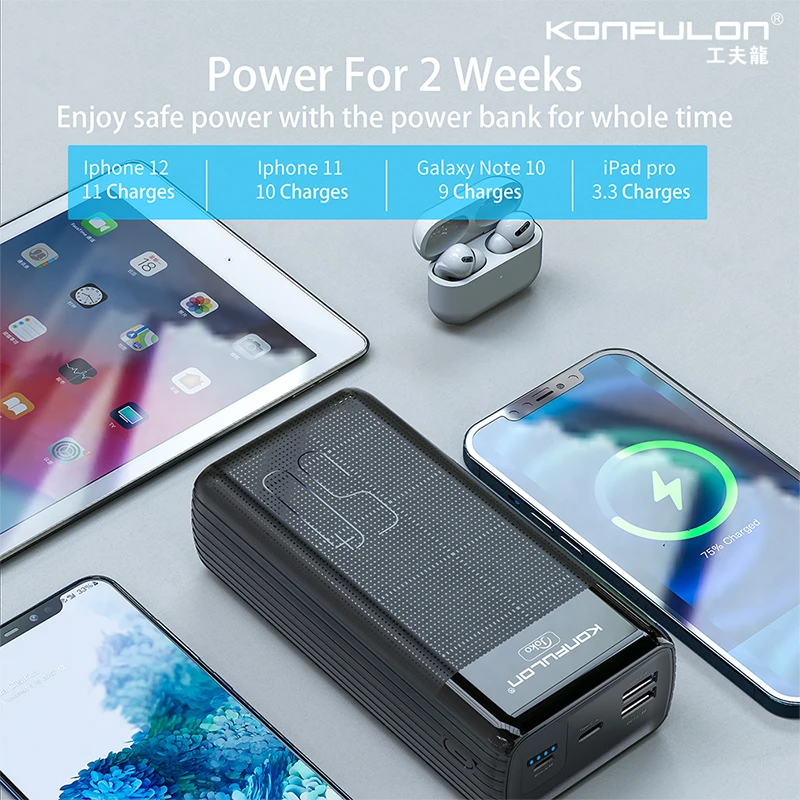 Внешний аккумулятор Konfulon на 50000 мАч с двумя USB-портами светодиодный портативное универсальное зарядное устройство для мобильных