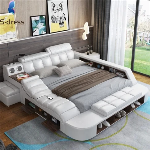 Luxury modern bedroom furniture storage multifunctional leather fabric message tatami king size wood beds