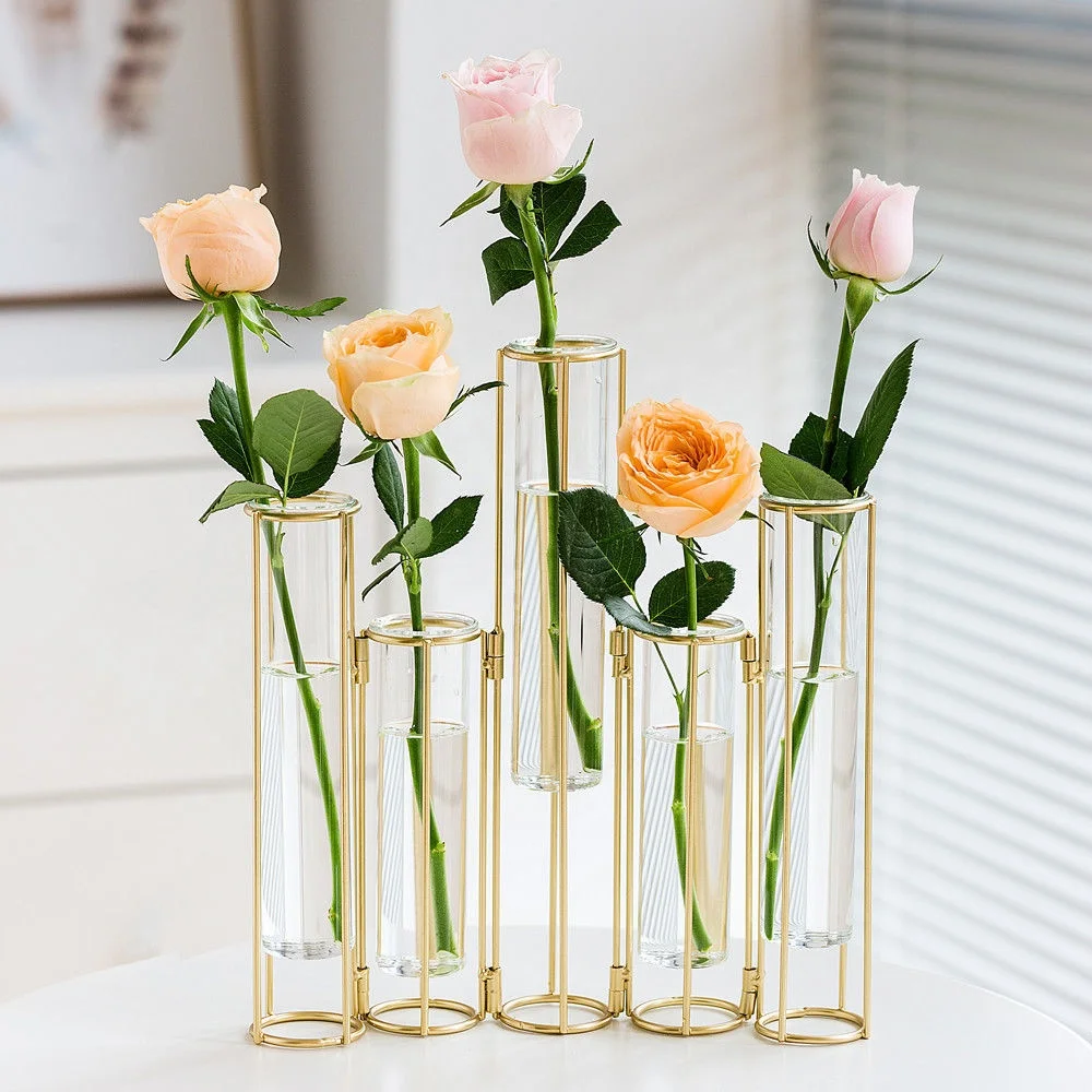 2021TF Amazon Hot Sale Iron Flower Glass Vase multi-shaped home decoration iron