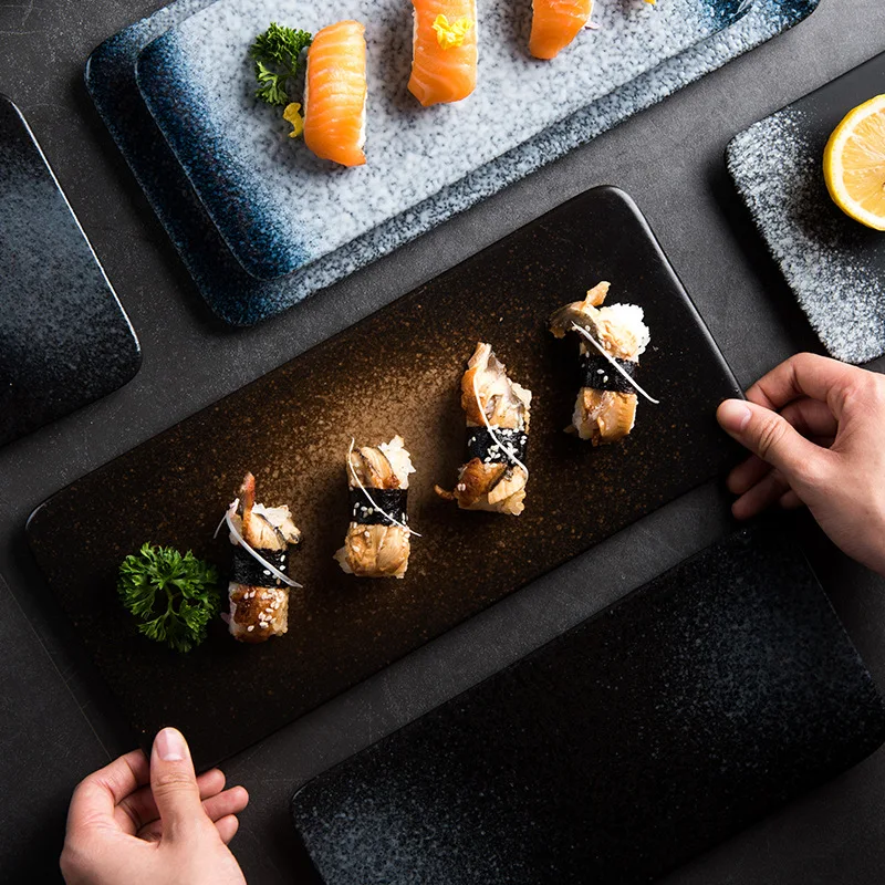 Wholesale japanese restaurant color glazed rectangular porcelain sushi plate Home Hotel tableware rectangular ceramic plates