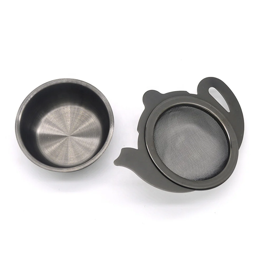 Teapot Shape Extra Fine Mesh Black Stainless Steel Tea Infuser Strainer With Drip Tray