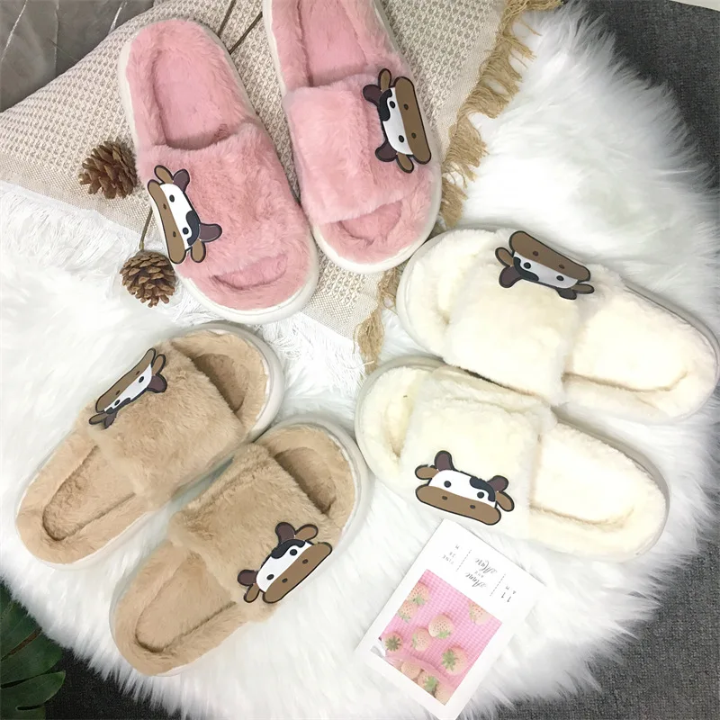 Cow Thick Fluffy Fur Slippers 2023 New Women Winter House Warm Furry Slippers Women Flip Flops Home Slides Flat Indoor Shoes