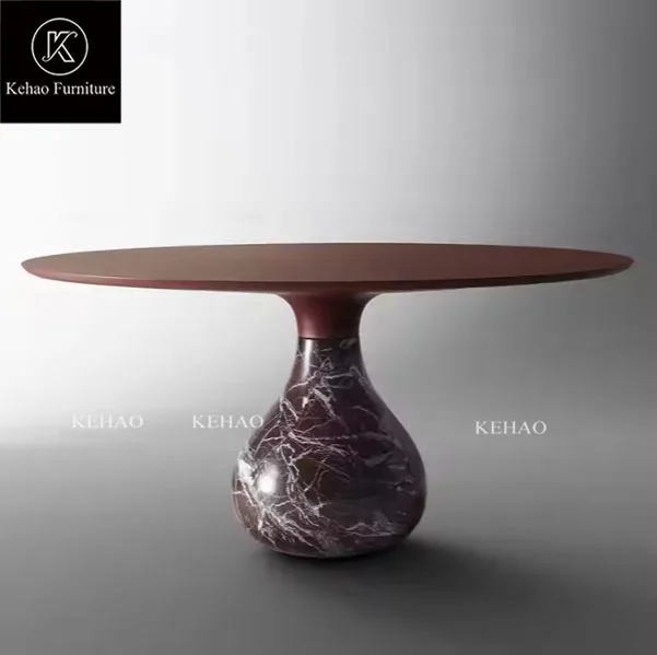 High End Red Luxury Nature Marble Base Wooden Top Round Aqua Roche Bobois Dining Table Italian Villa