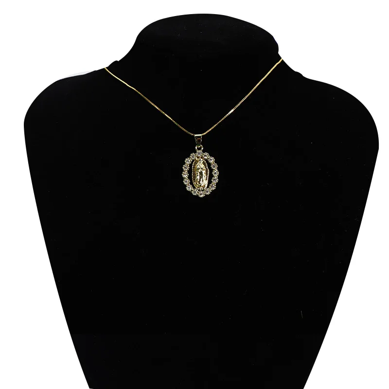 Real Gold Plated Rainbow CZ Oval Virgin Mary Pendant Necklace Trendy Gold Tone Religious Jesus Mary Necklace For Girls