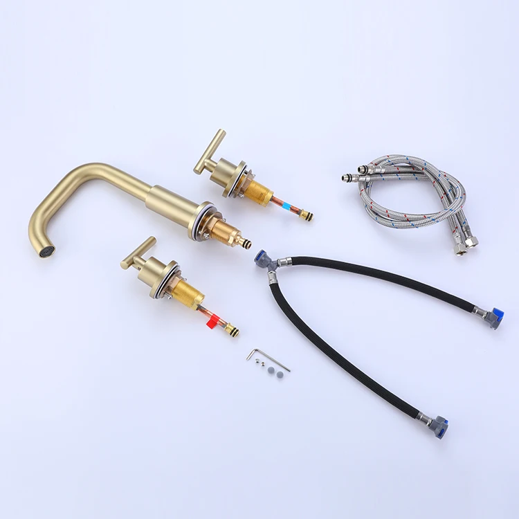 Best Customizable Brushed Gold 304 Stainless Steel Brass Two Handles Gold Tap Bathroom Wash Basin Faucet Set Supplier For Usa