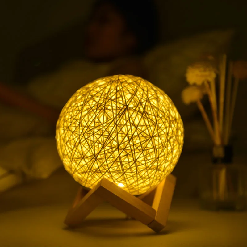Modern Bedside LED Night Light Ball Rattan Lampshade Table Moon Lamp Empire Wood & Rattan Electric Living Room White 220V 60 90