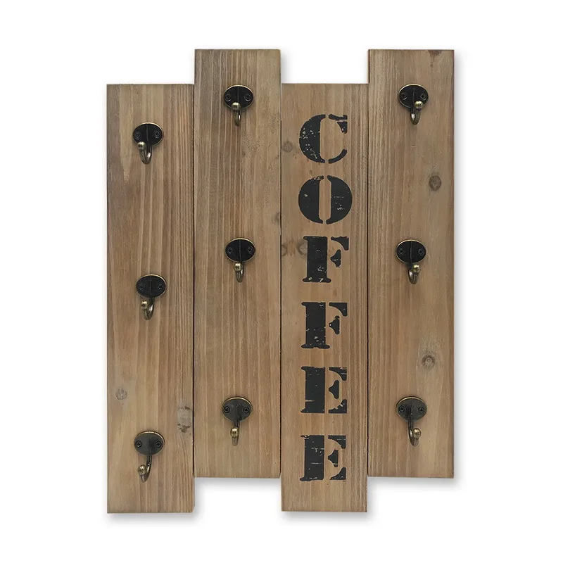 
Wholesale Wall Mount Rustic Wooden Coffee Cup Hook for Home Kitchen Decor Mug Organizer with 8 Hooks Storage and Collection 