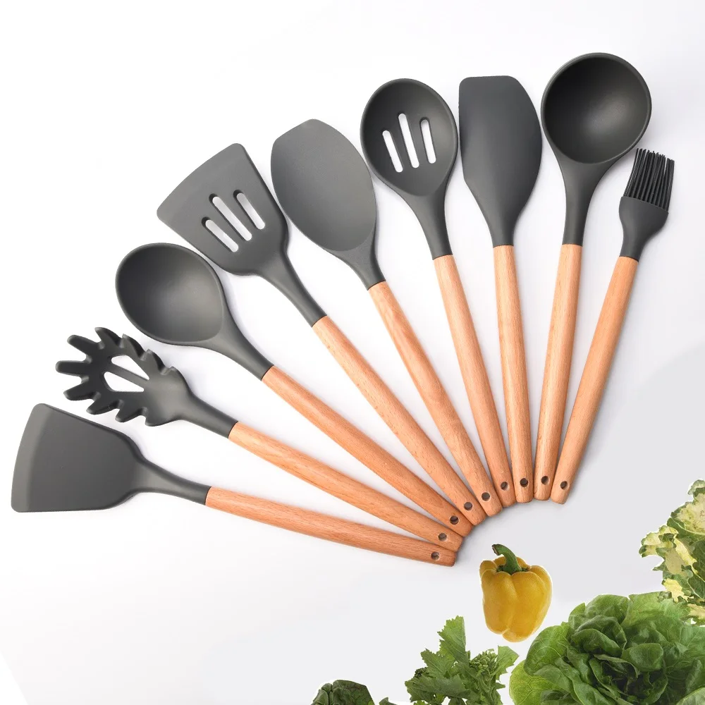 Wholesale 9pcs silicone kitchenware cooking utensils kitchen set with wooden handles