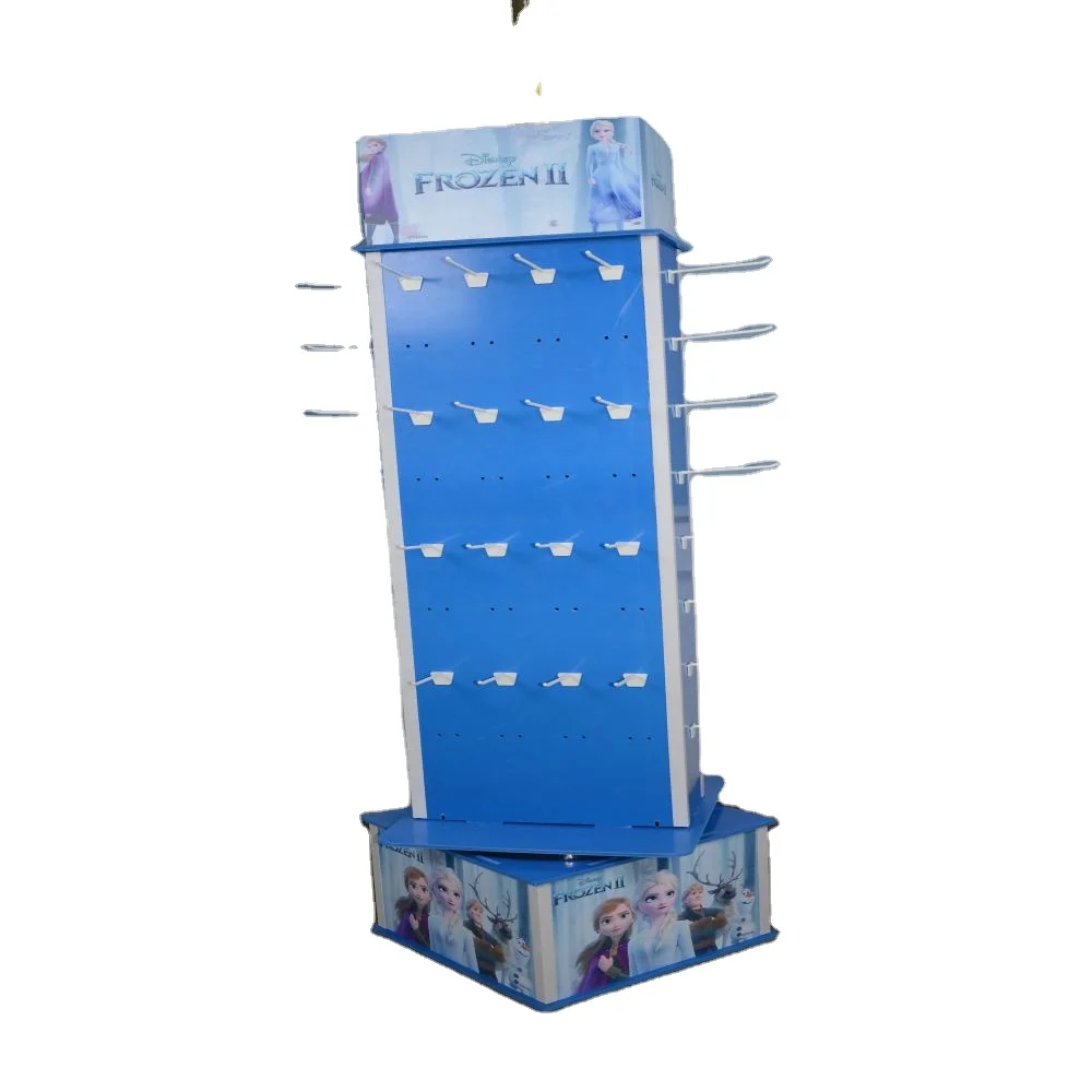 Professional Service Customized Cardboard Pegboard Rotating Display 4 Sides Floor Display Stand With Hook