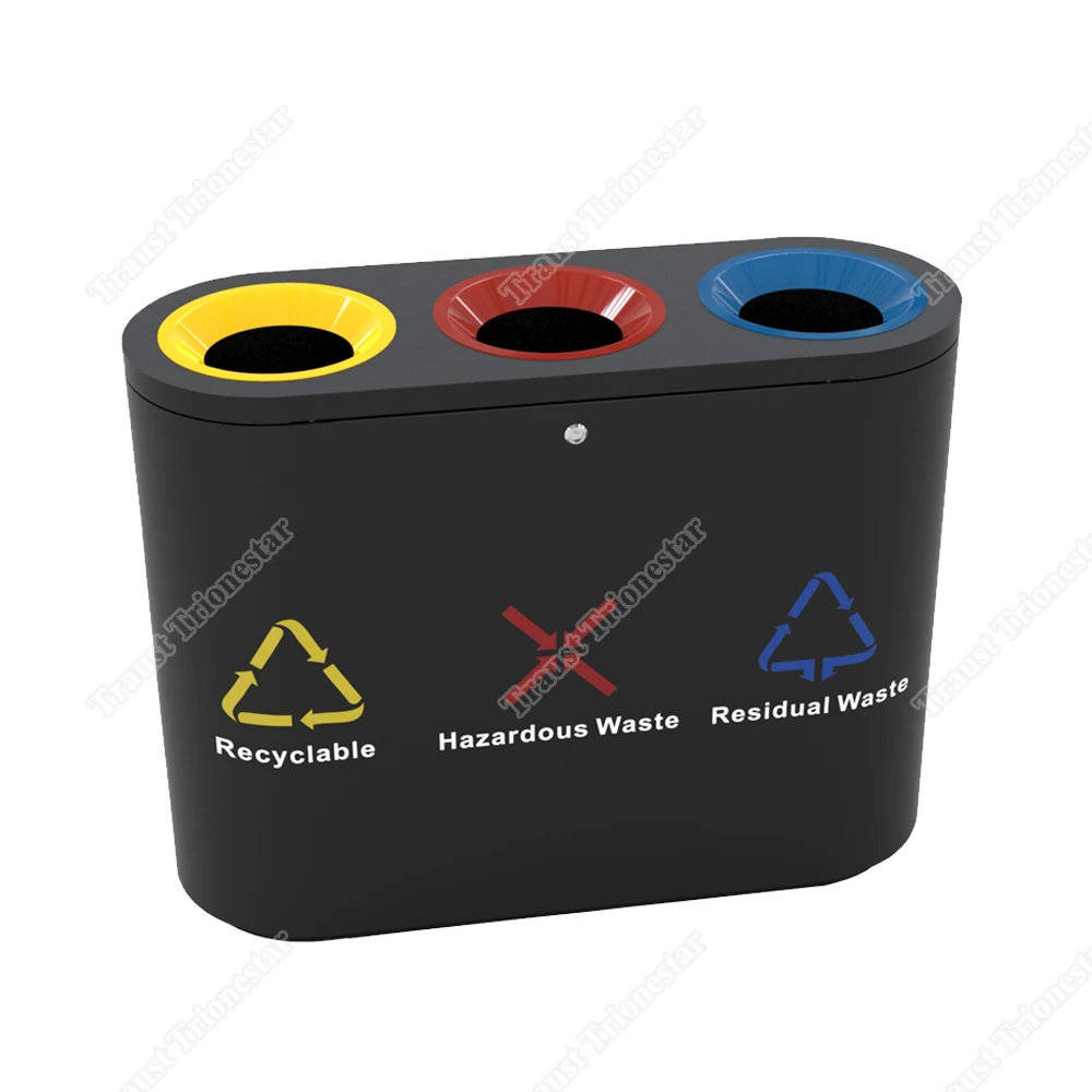Traust corbeille de recyclage 3 conpartments stainless steel recycle dustbin sorting trash waste litter garbage can bin