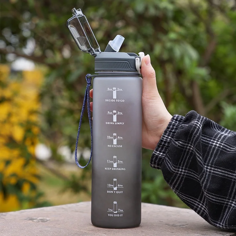 BPA Free 1L Sport Water Bottle with Straw Lock Cover Leakproof Time Markings Motivational Gym Accessory Unisex Outdoor Activity