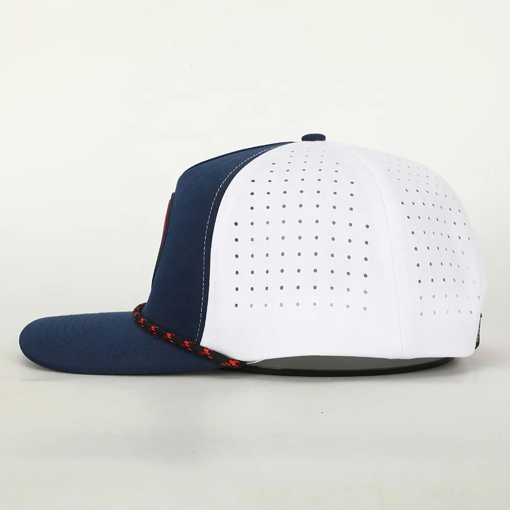 Custom 5 Panel Rubber PVC Patch Logo Rope Dad Hat,Waterproof Laser Cut Hole Perforated Gorras,Performance Sports Baseball Cap