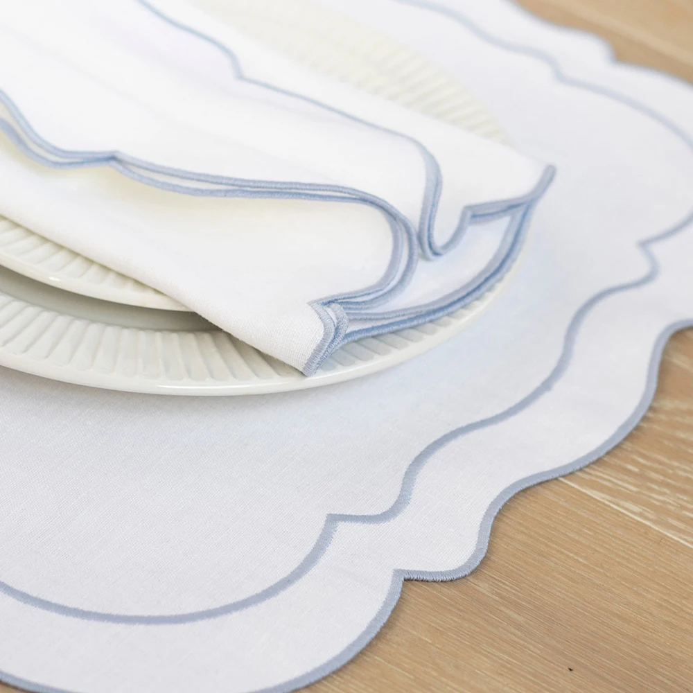 45*45cm Custom French Classic home dining table Embroidery scalloped 100% pure flax fabric Linen napkins for Wedding Hotel