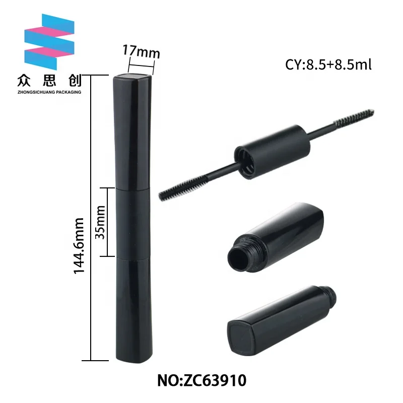 8.5ml PETG plastic special design two sides lip gloss tube custom square dual mascara tube double mascara bottle with brushes
