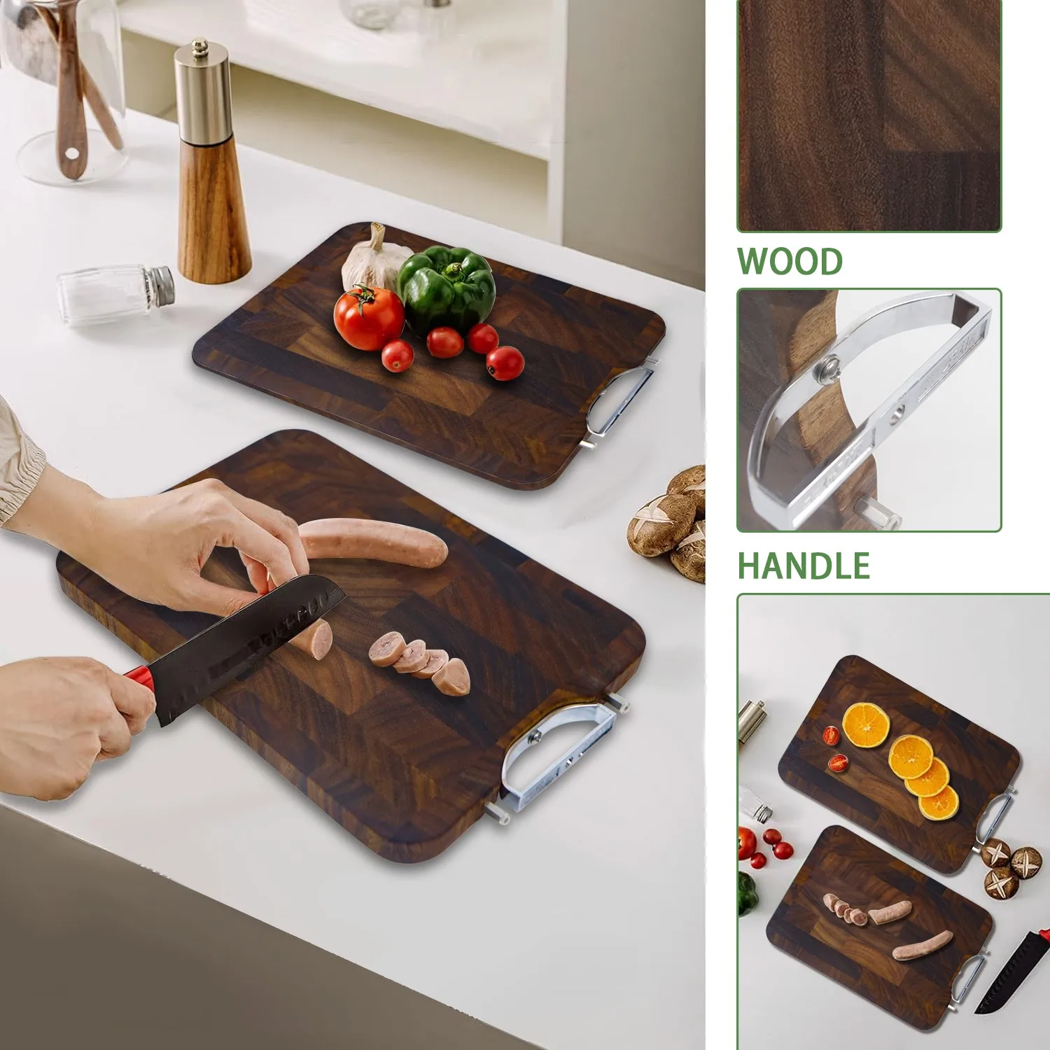 Walnut Wood Carving Cutting Board Hardwood End Grain Buther Block With Convenient Stainless steel Handles