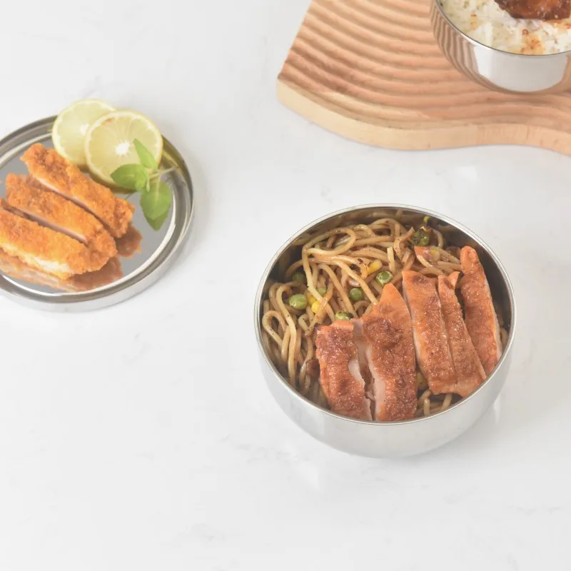 2 pcs set stainless steel 304 food safety 12 cm double wall multi purpose keep warm food cleaning fresh plate kids bowl with lid