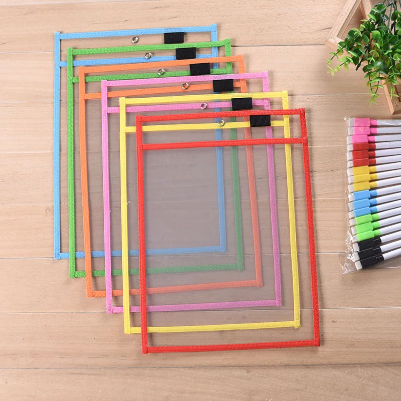 
School Colorful Children Writing Drawing Clear PVC Reusable Dry Erase Pockets 