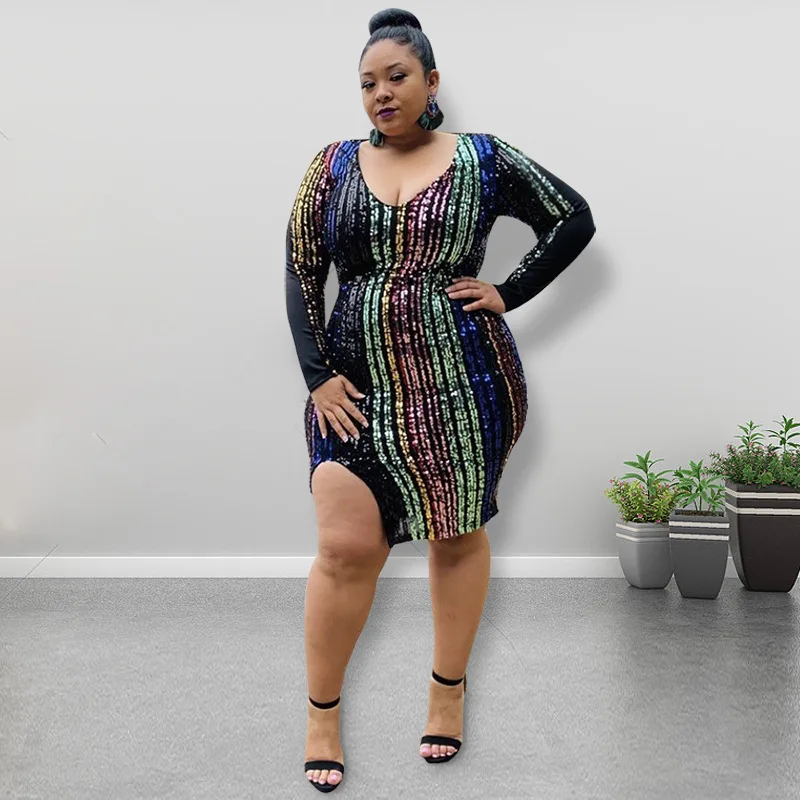  Женская одежда GX619A женское облегающее платье с длинным рукавом сексуальное Элегантное летнее платье-миди большого размера блестками для полных девушек