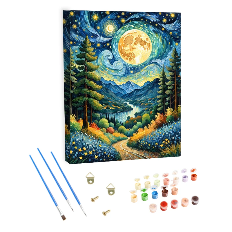 Van Gogh Painting by Number Kit Starry Sky Moon Abstract Digital Oil Painting Artwork 24 Colors