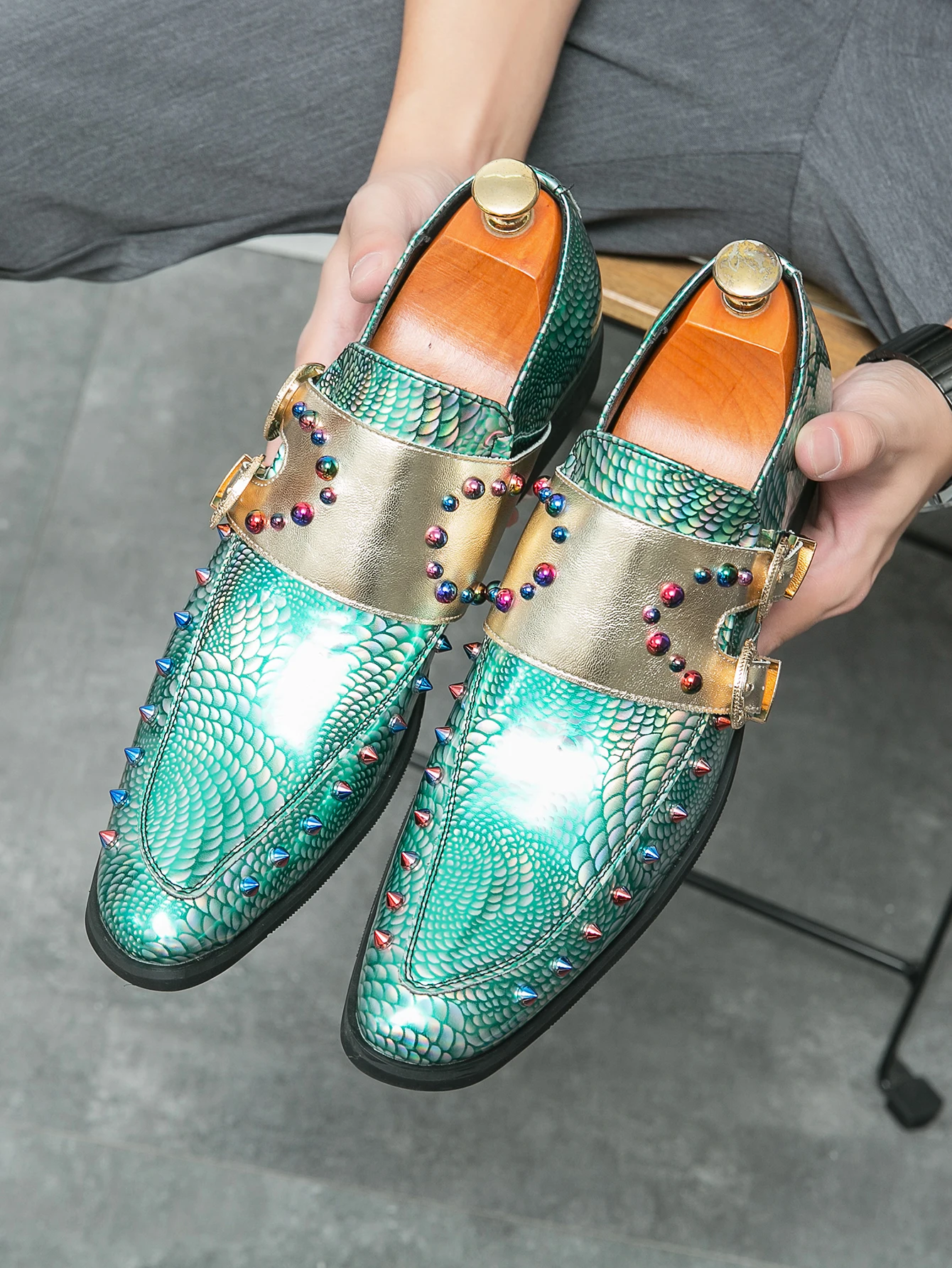 Golden Fancy Formal Loafer Colorful Rivet Upper Double Monk Strap Slip On Men Luxury Dress Shoes