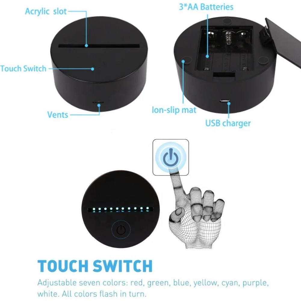 3pcs AA Battery DC 5V Touch Switch Acrylic Led night light Base 7 Colors LED Lamp Base For 3D Illusion Light Lamp