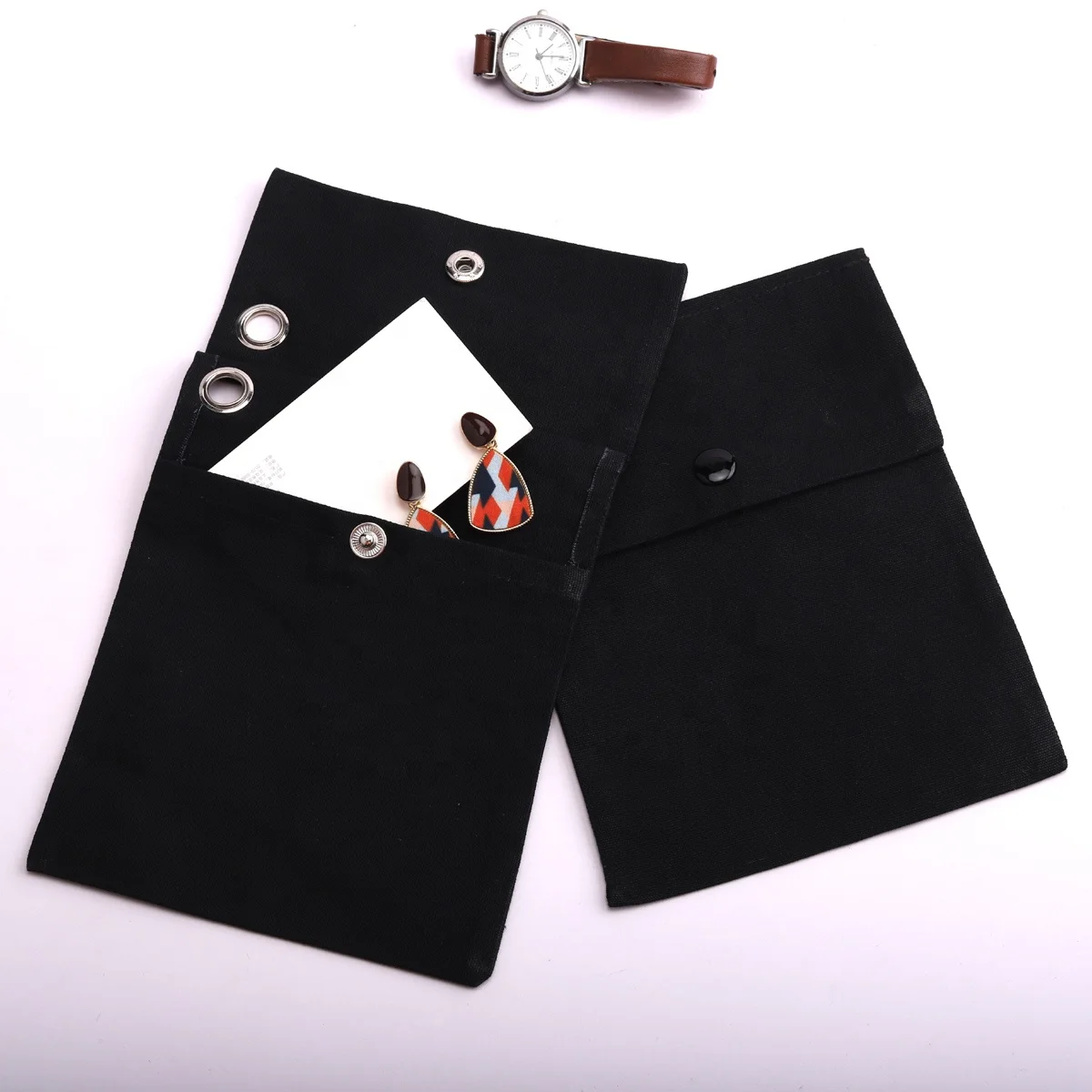 Reusable Black 8oz Canvas Envelope Photo Frame Perfume Packing Gift Bag Custom Logo Printed Organic Envelope Cotton Dust Pouch