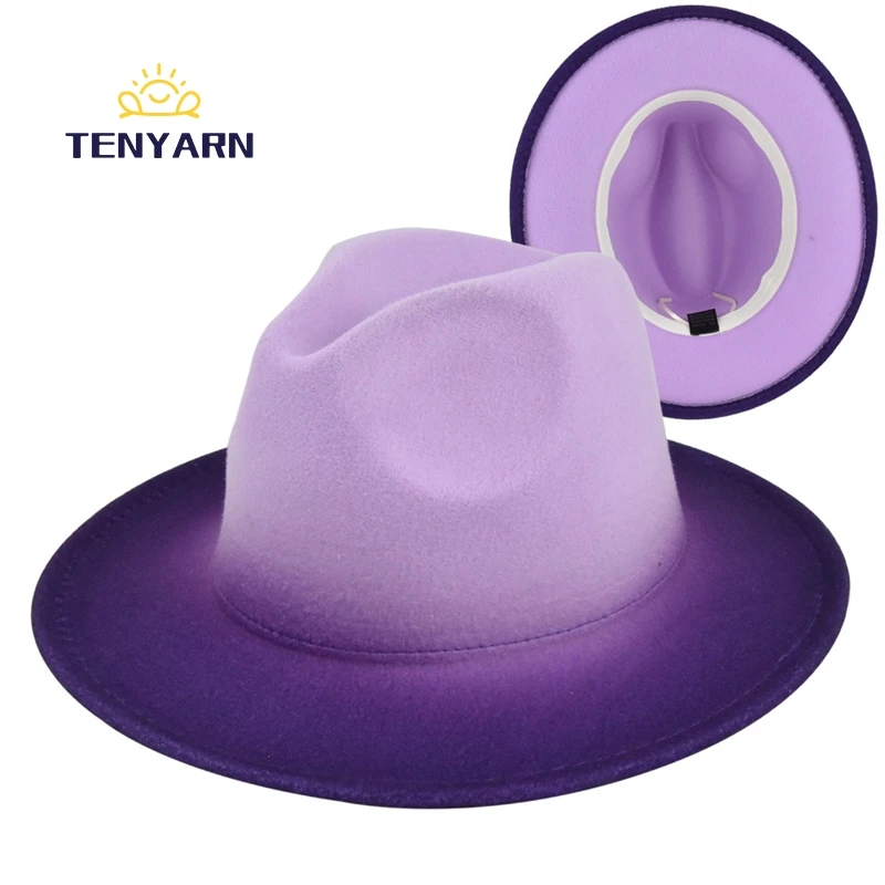 Tenyarn  60 Cm Unisex Print Ombre Wide Brim Fedora Hats Custom Women 100% Wool Mens Fedora Stylish Hats Wholesale