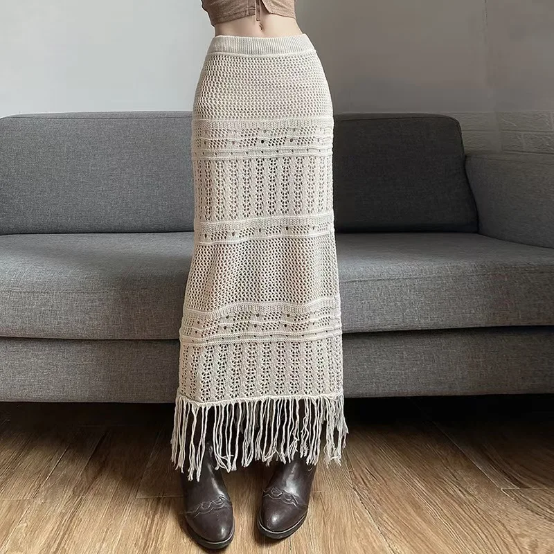 Women 2024 Autumn New Chic Fashion Fringe knitting Skirt Hollow Wool A-line Skirt Long Skirt