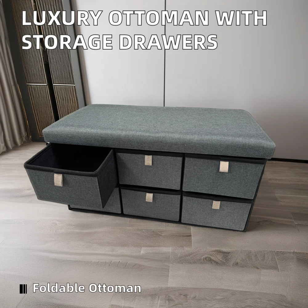 Ottoman Factory Foldable Storage Box Seat Line Fabric Ottoman Foot Stool 6 Drawers Organizer Pouffe Bench Chest With Drawers